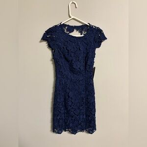 Lulus Size XS Mini Crochet Lace Open Back Dress Bodycon Navy Blue New NWT
